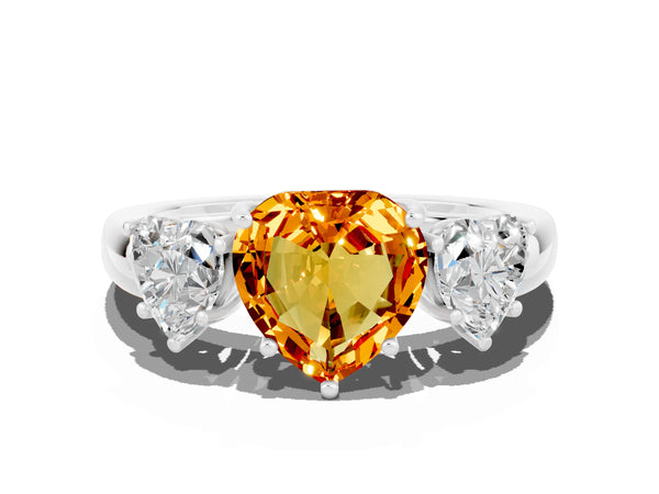 Platinum Heart Cut Citrine Three-Stone Ring with Four-Prong Setting and Classic Band