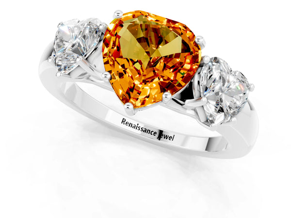 Platinum Heart Cut Citrine Three-Stone Ring with Four-Prong Setting and Classic Band