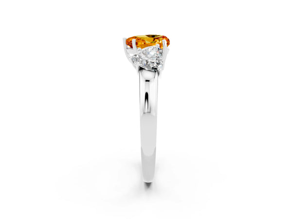 Silver Heart Cut Citrine Three-Stone Ring with Four-Prong Setting and Classic Band
