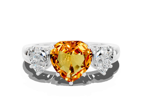 White gold Heart Cut Citrine Three-Stone Ring with Four-Prong Setting and Classic Band