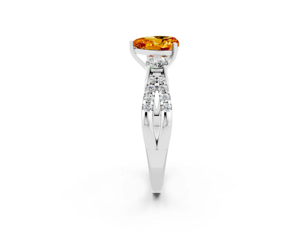 Silver Heart Cut Citrine Three-Stone Ring with Pavé Split Shank and Four-Prong Setting