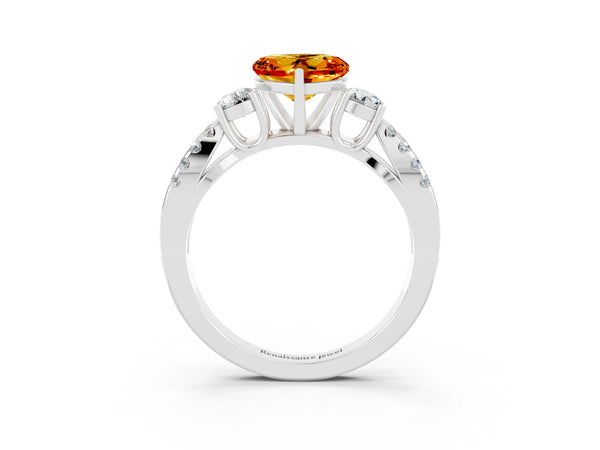Silver Heart Cut Citrine Three-Stone Ring with Pavé Split Shank and Four-Prong Setting