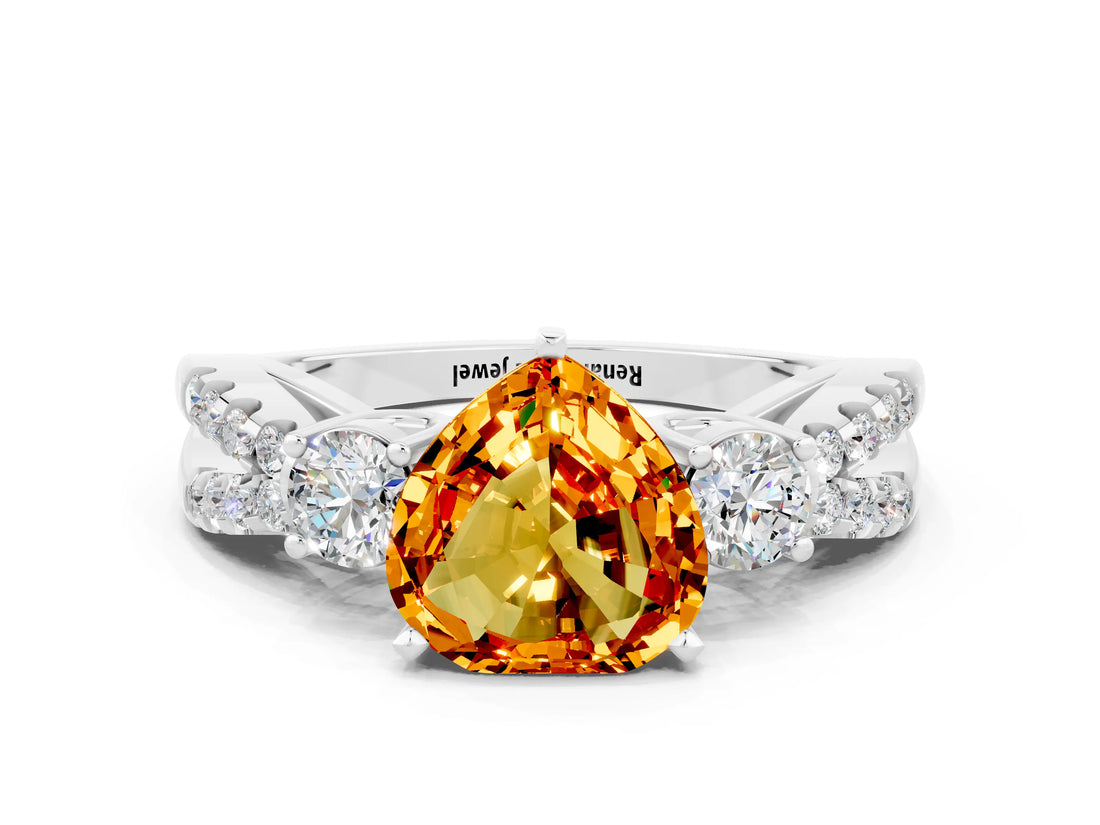 White gold Heart Cut Citrine Three-Stone Ring with Pavé Split Shank and Four-Prong Setting