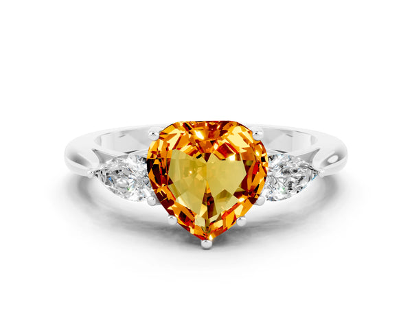 Silver Heart Cut Citrine Three-Stone Ring with Pear  Side Stones and Prong Setting