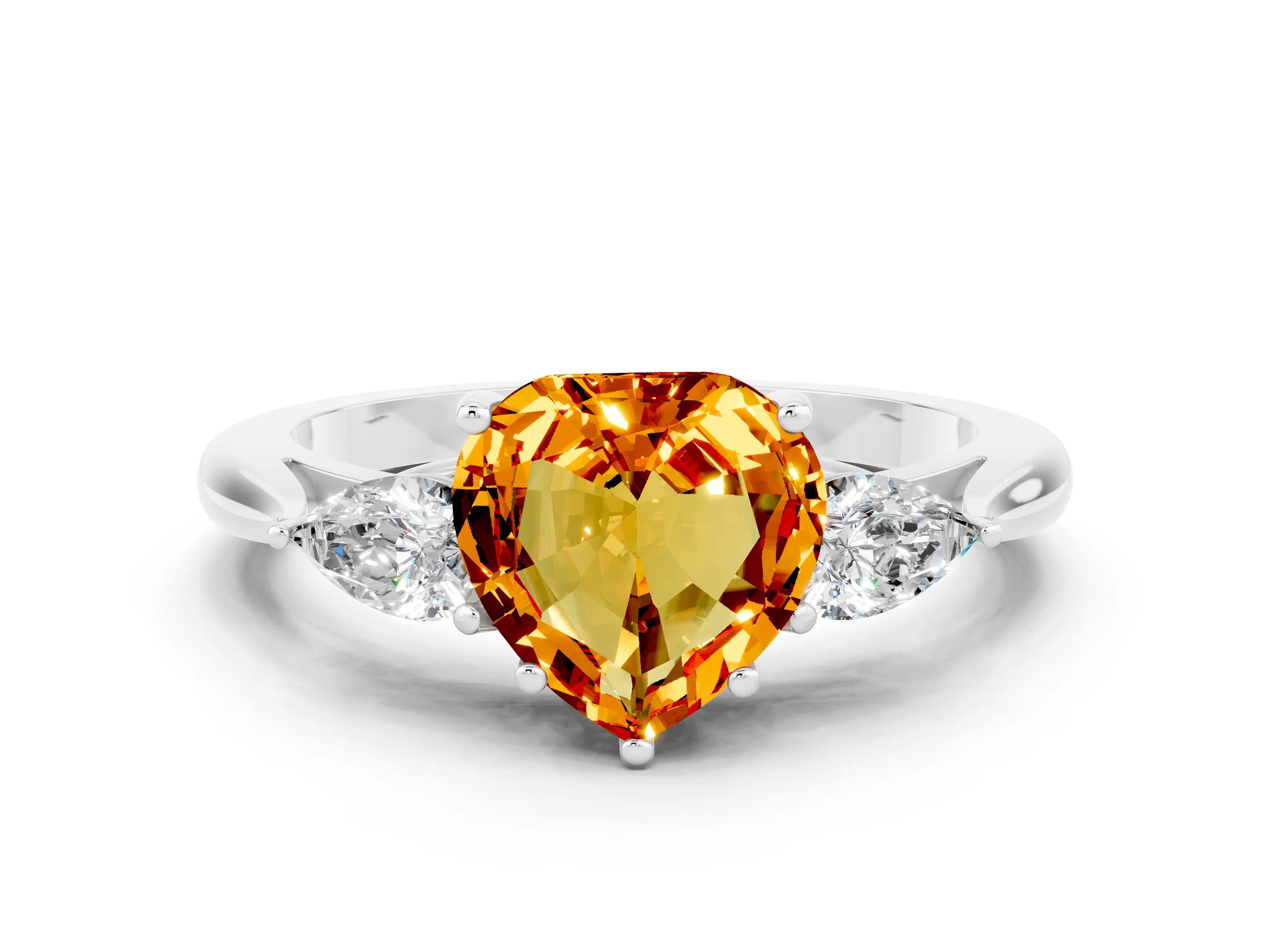White gold Heart Cut Citrine Three-Stone Ring with Pear Side Stones and Four-Prong Setting_12