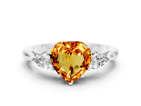 White gold Heart Cut Citrine Three-Stone Ring with Pear Side Stones and Four-Prong Setting_12