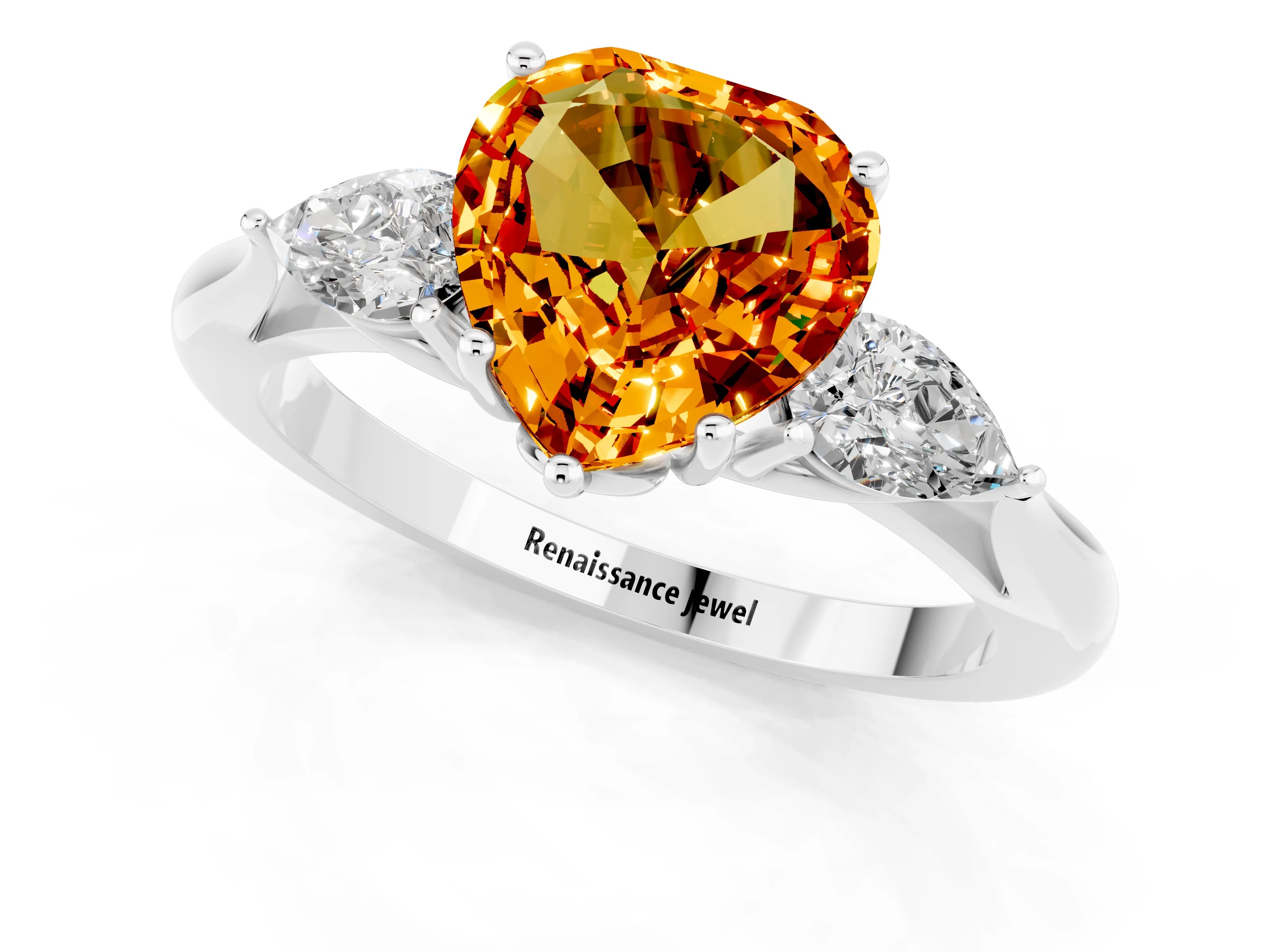 White gold Heart Cut Citrine Three-Stone Ring with Pear Side Stones and Four-Prong Setting_13