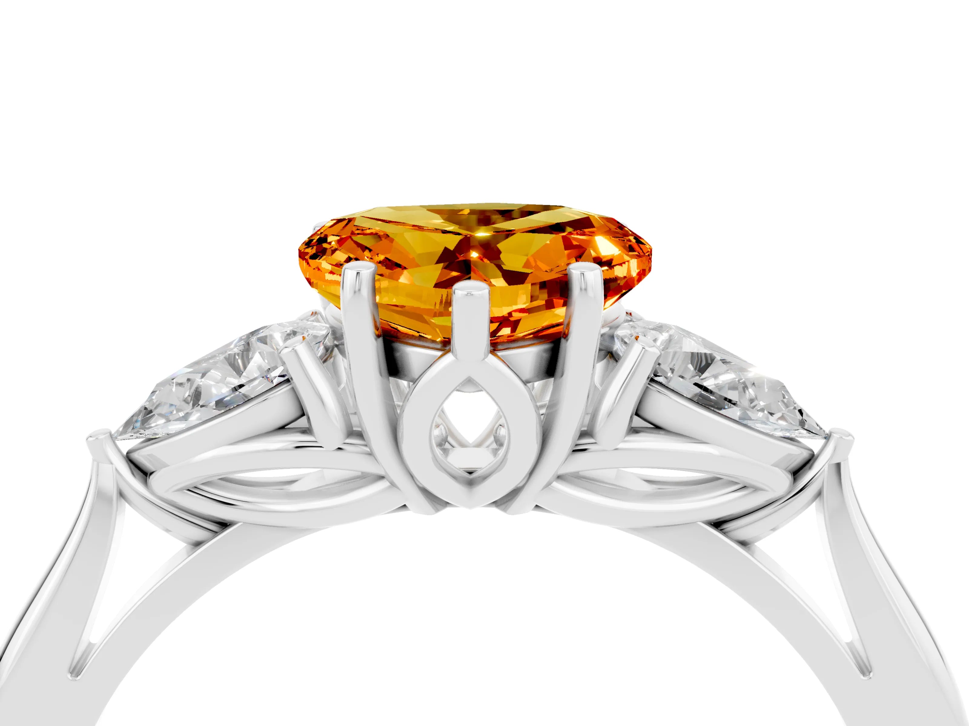 White gold Heart Cut Citrine Three-Stone Ring with Pear Side Stones and Four-Prong Setting_16