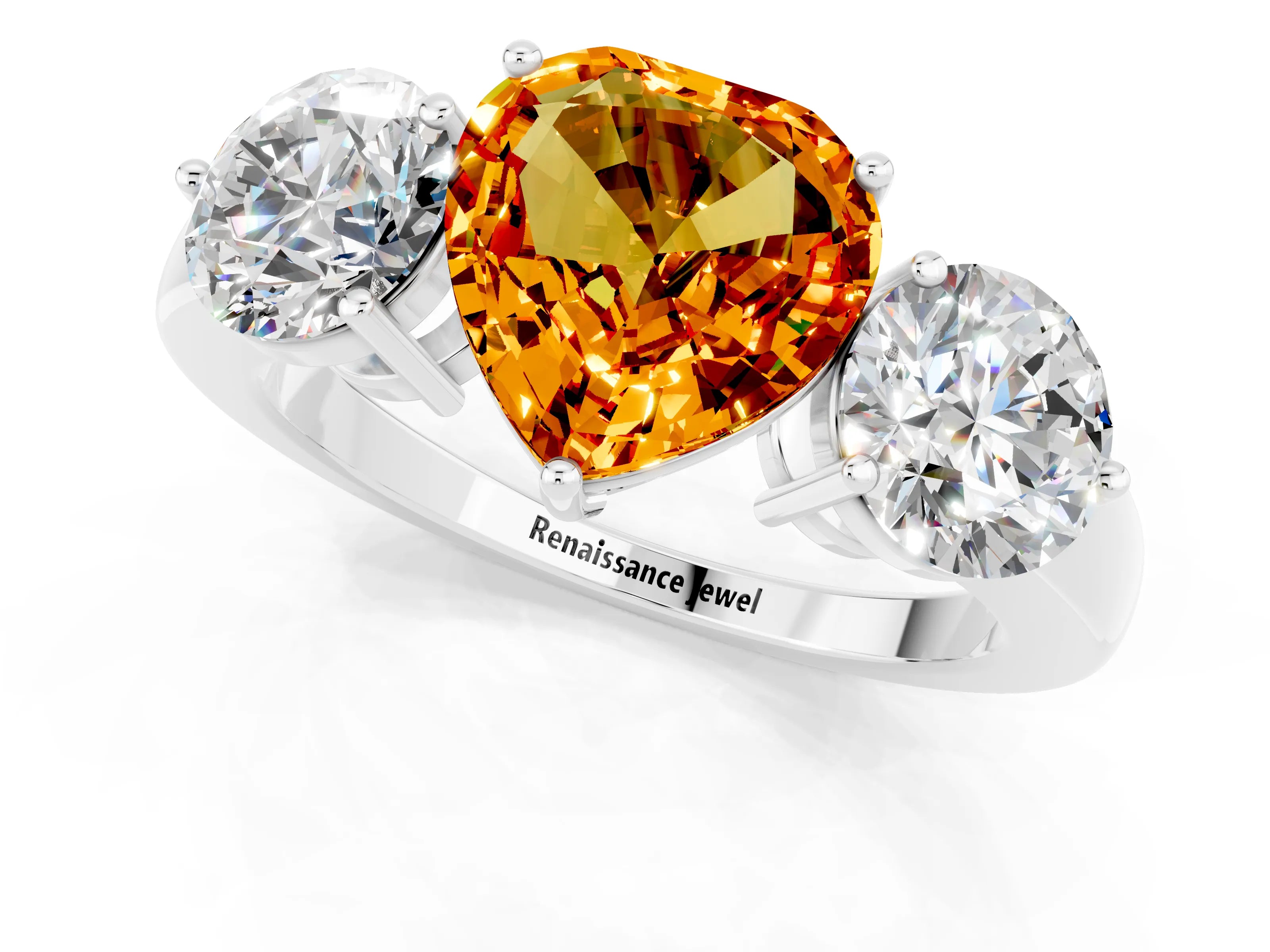 White gold Heart Cut Citrine Three-Stone Ring with Prong Setting and Classic Band_1