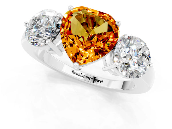 White gold Heart Cut Citrine Three-Stone Ring with Prong Setting and Classic Band
