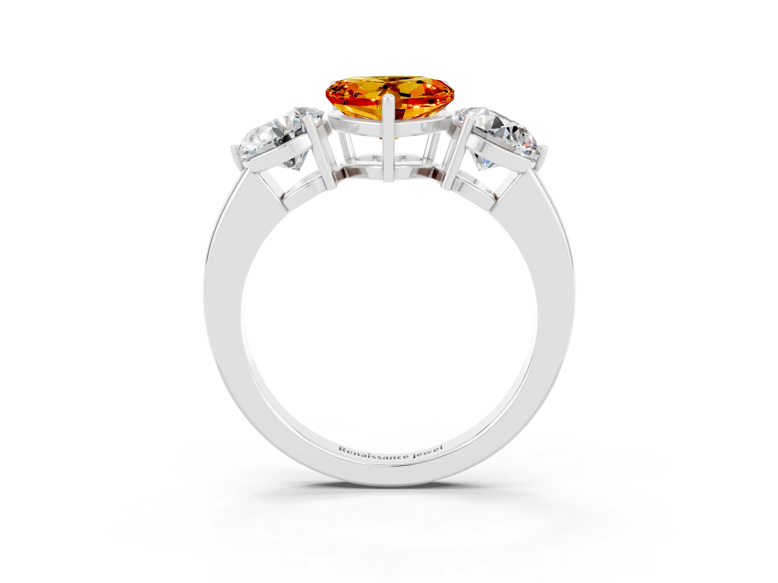 White gold Heart Cut Citrine Three-Stone Ring with Prong Setting and Classic Band_3