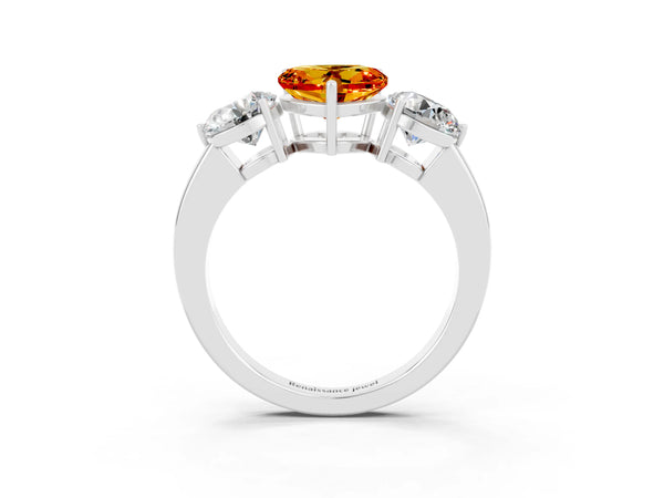 Silver Heart Cut Citrine Three-Stone Ring with Prong Setting and Classic Band