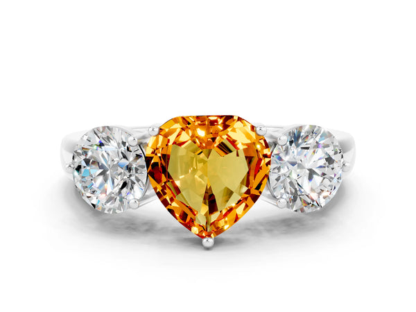Silver Heart Cut Citrine Three-Stone Ring with Prong Setting and Classic Band