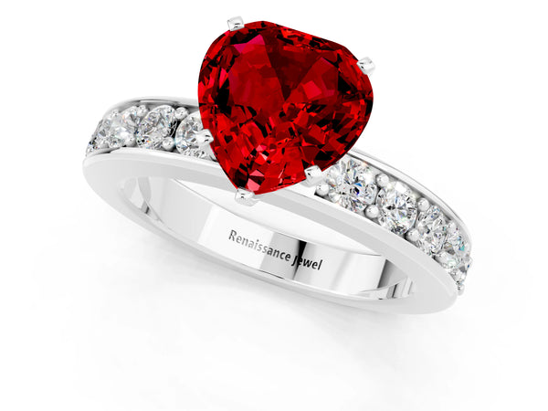 Platinum Heart Cut Ruby Engagement Ring with Channel Set Round  Band and Prong Setting