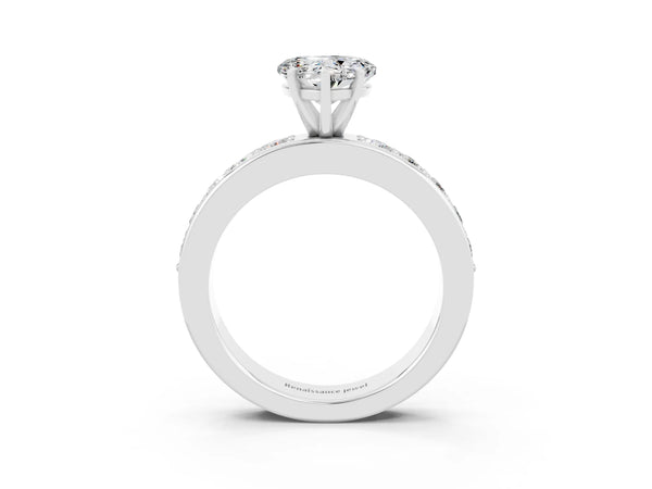 White gold Heart Cut Moissanite Engagement Ring with Channel Set Round  Band and Prong Setting