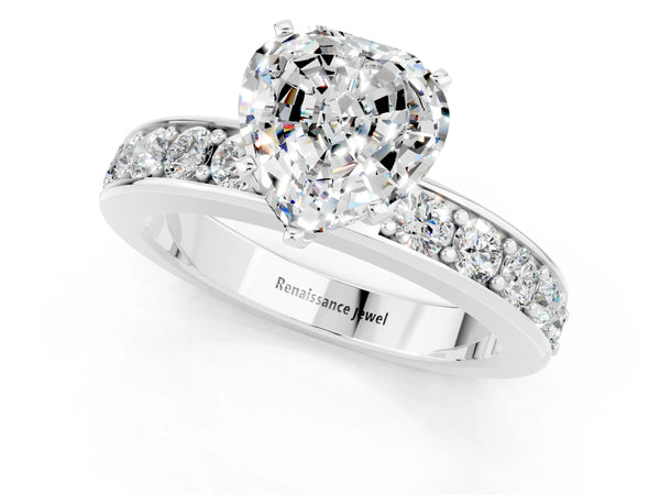 Platinum Heart Cut Moissanite Engagement Ring with Channel Set Round  Band and Prong Setting