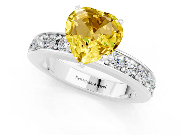 Platinum Heart Cut Yellow Sapphire Engagement Ring with Channel Set Round  Band and Prong Setting