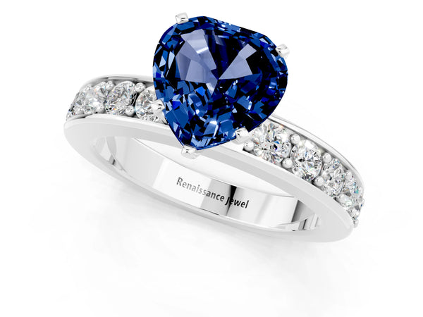 Silver Heart Cut Blue Sapphire Engagement Ring with Channel Set Round  Band and Prong Setting