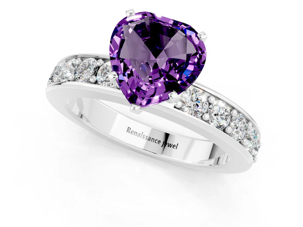 White gold Heart Cut Amethyst Engagement Ring with Channel Set Round  Band and Prong Setting