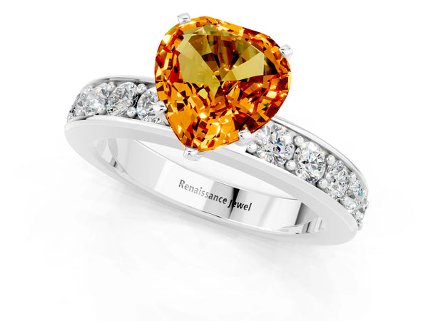 Silver Heart Cut Citrine Engagement Ring with Channel Set Round  Band and Prong Setting