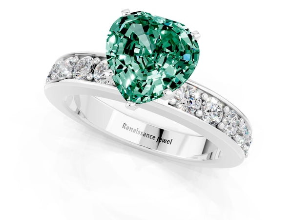 Platinum Heart Cut Green Sapphire Engagement Ring with Channel Set Round  Band and Prong Setting