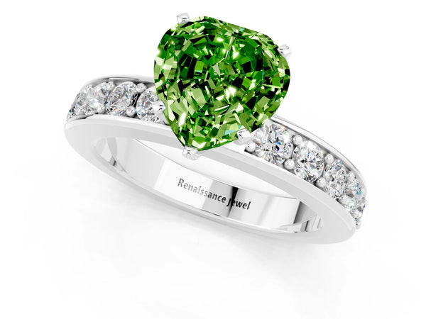 Platinum Heart Cut Peridot Engagement Ring with Channel Set Round  Band and Prong Setting