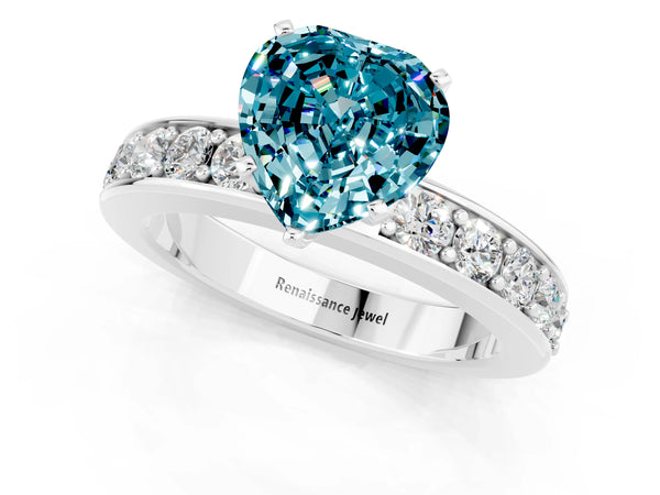 White gold Heart Cut Blue Topaz Engagement Ring with Channel Set Round  Band and Prong Setting