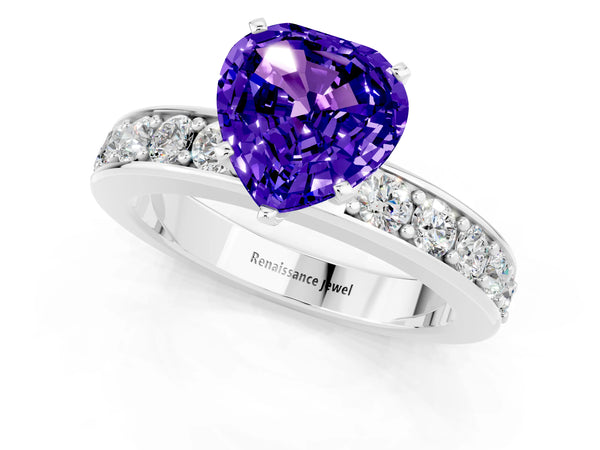White gold Heart Cut Tanzanite Engagement Ring with Channel Set Round  Band and Prong Setting