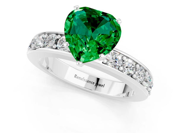 Platinum Heart Cut Emerald Engagement Ring with Channel Set Round  Band and Prong Setting