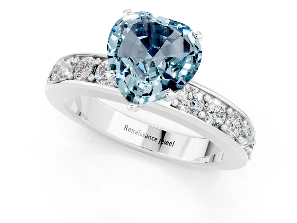 Platinum Heart Cut Aquamarine Engagement Ring with Channel Set Round  Band and Prong Setting