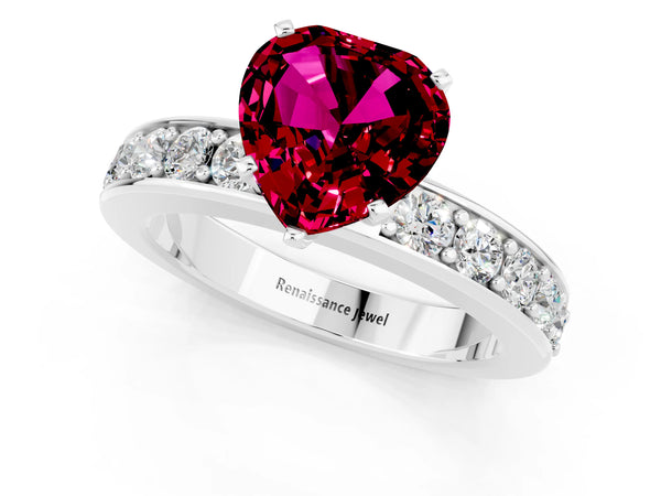 White gold Heart Cut Garnet Engagement Ring with Channel Set Round  Band and Prong Setting