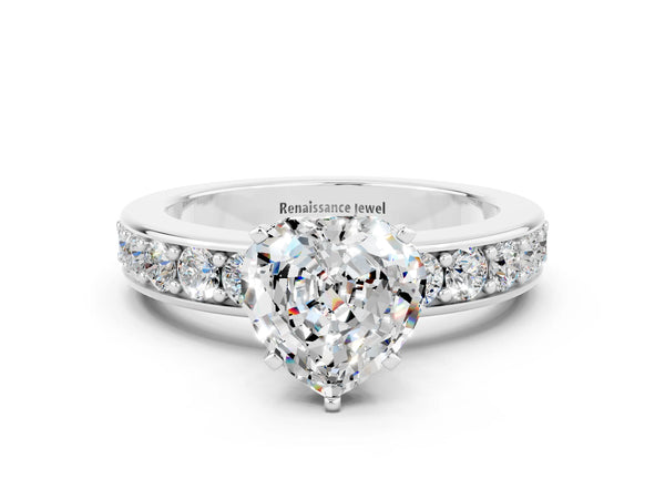 Platinum Heart Cut Moissanite Engagement Ring with Channel Set Round  Band and Prong Setting