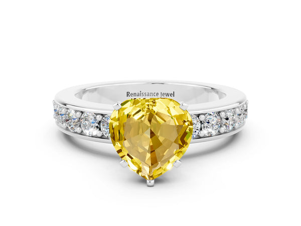 Silver Heart Cut Yellow Sapphire Engagement Ring with Channel Set Round  Band and Prong Setting