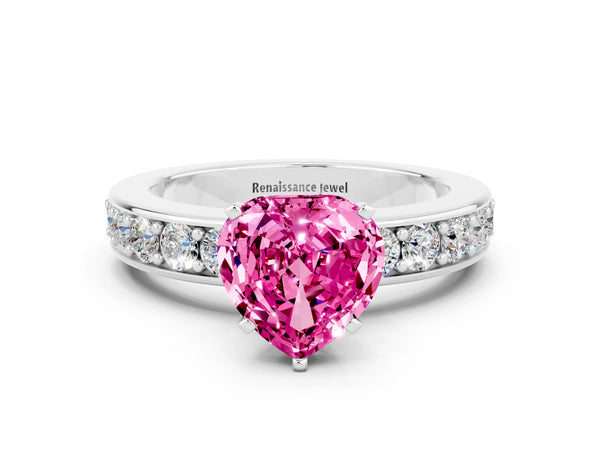 Silver Heart Cut Pink Sapphire Engagement Ring with Channel Set Round  Band and Prong Setting