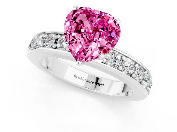 Silver Heart Cut Pink Sapphire Engagement Ring with Channel Set Round  Band and Prong Setting