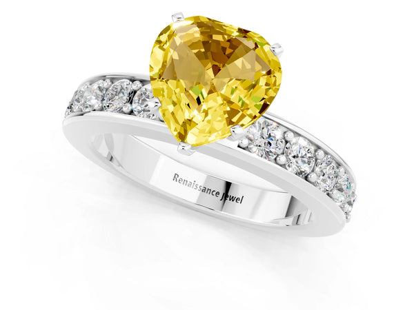 Platinum Heart Cut Yellow Sapphire Engagement Ring with Channel Set Round  Band and Prong Setting