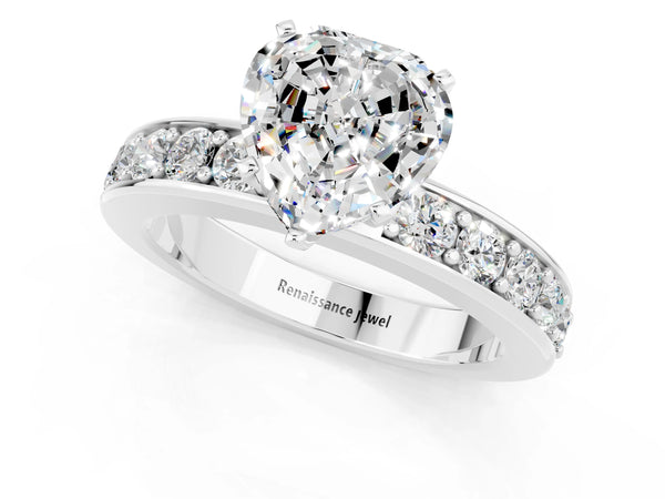 Silver Heart Cut Moissanite Engagement Ring with Channel Set Round  Band and Prong Setting