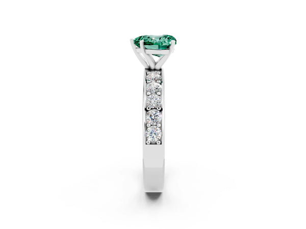 Silver Heart Cut Green Sapphire Engagement Ring with Channel Set Round  Band and Prong Setting