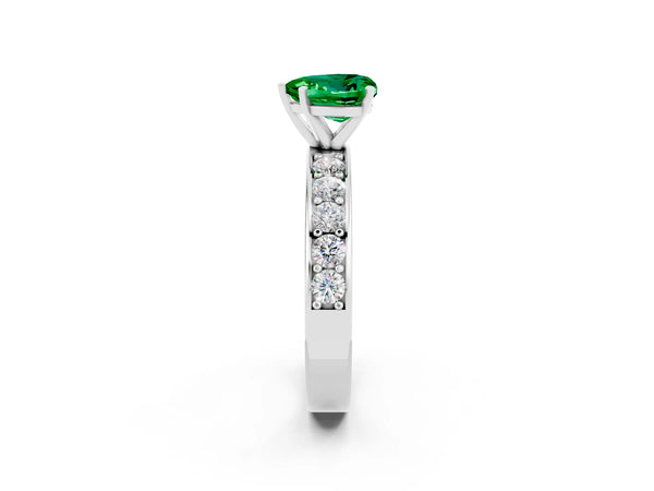 Silver Heart Cut Emerald Engagement Ring with Channel Set Round  Band and Prong Setting