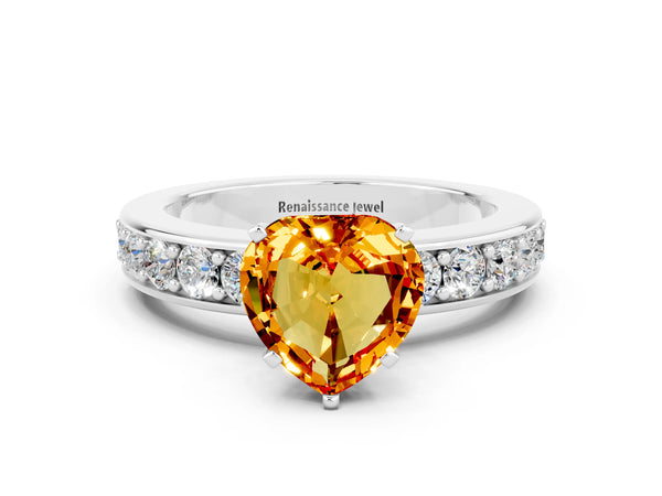 Silver Heart Cut Citrine Engagement Ring with Channel Set Round  Band and Prong Setting