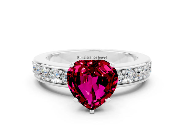 White gold Heart Cut Garnet Engagement Ring with Channel Set Round  Band and Prong Setting