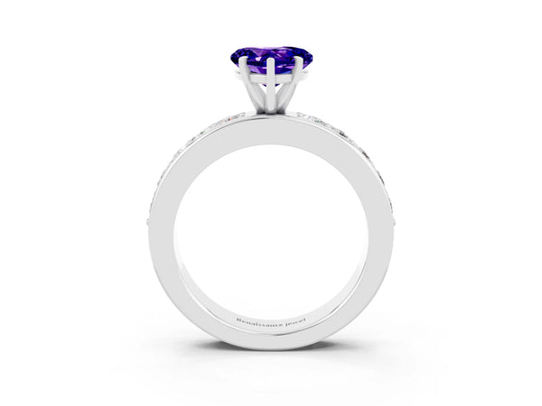 Platinum Heart Cut Tanzanite Engagement Ring with Channel Set Round  Band and Prong Setting
