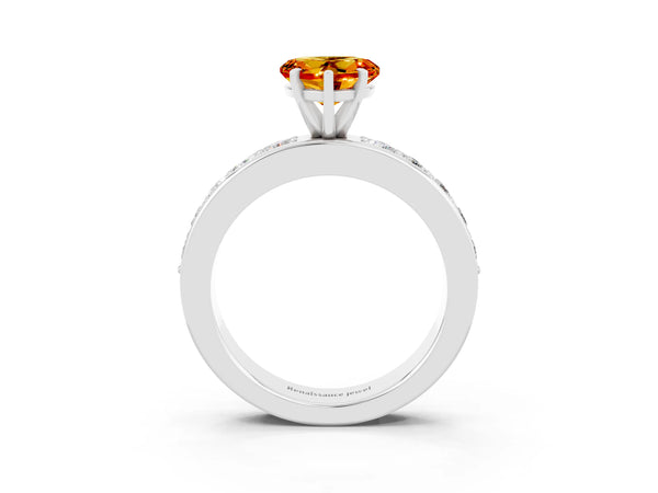 Silver Heart Cut Citrine Engagement Ring with Channel Set Round  Band and Prong Setting