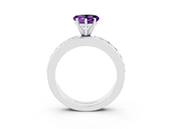 Silver Heart Cut Amethyst Engagement Ring with Channel Set Round  Band and Prong Setting