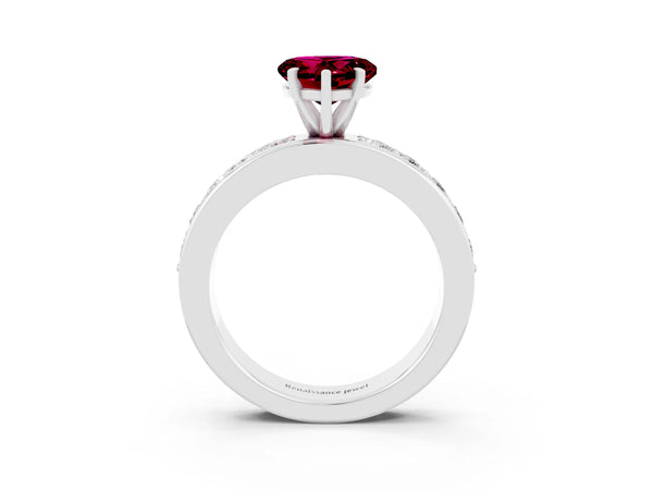 White gold Heart Cut Garnet Engagement Ring with Channel Set Round  Band and Prong Setting