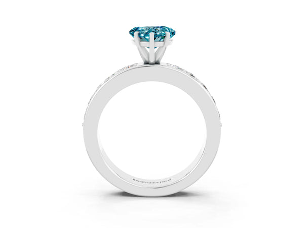 Silver Heart Cut Blue Topaz Engagement Ring with Channel Set Round  Band and Prong Setting
