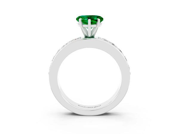 Platinum Heart Cut Emerald Engagement Ring with Channel Set Round  Band and Prong Setting