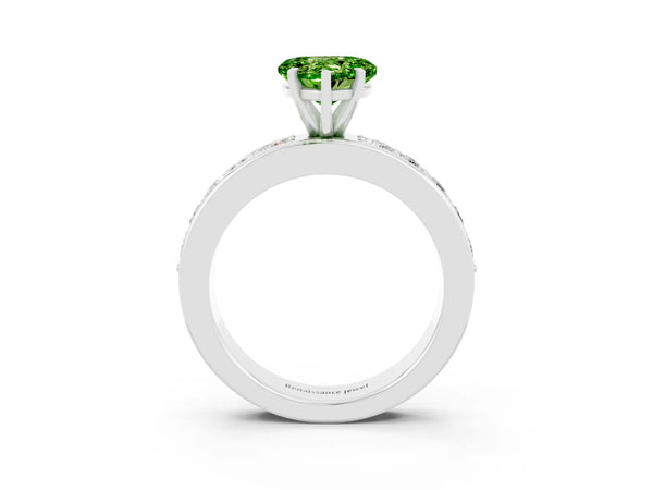 White gold Heart Cut Peridot Engagement Ring with Channel Set Round  Band and Prong Setting