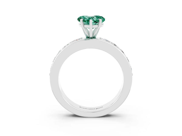 Silver Heart Cut Green Sapphire Engagement Ring with Channel Set Round  Band and Prong Setting