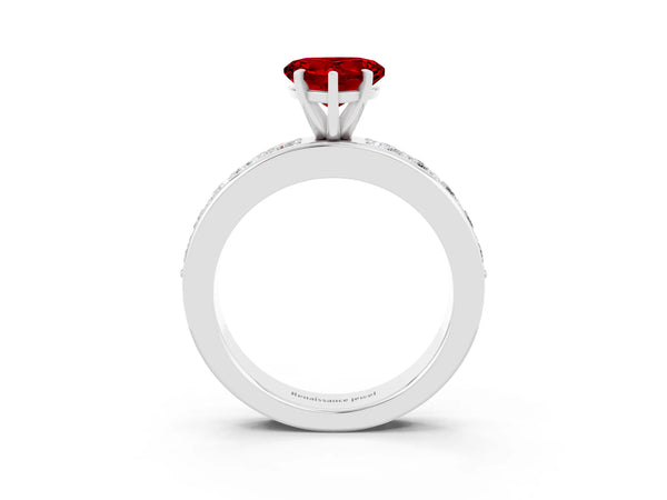 White gold Heart Cut Ruby Engagement Ring with Channel Set Round  Band and Prong Setting